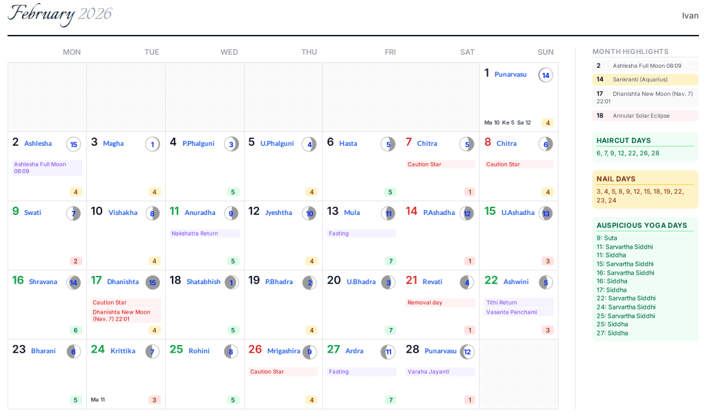 Vedic Astro Planner 2026 - February Calendar Preview